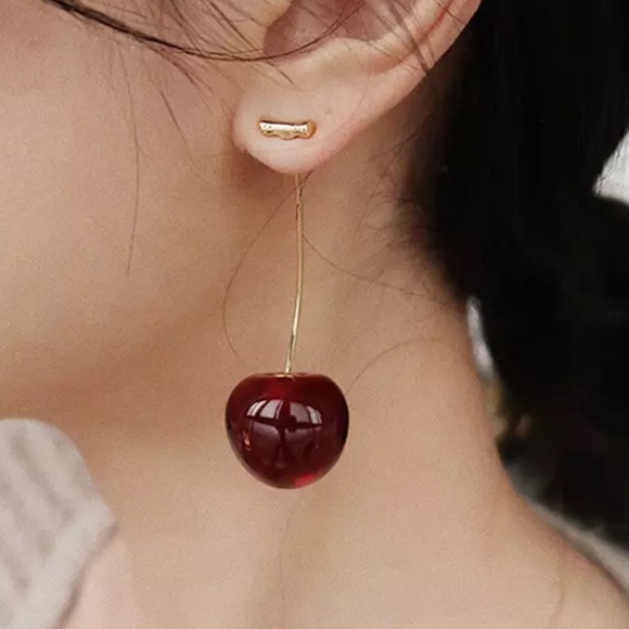 ◾️Wine Red Cherry Drop Earrings - Picture 3 of 9